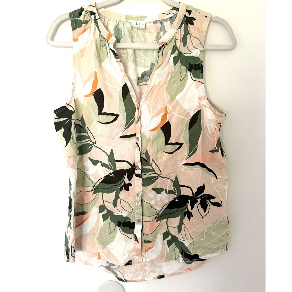 Nicole Miller LINEN Sleeveless Botanical Button-Down Top in Pink, Green, Black